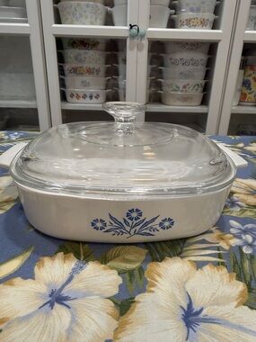 Corningware White Ceramic Casserole with Blue Cornflower Pattern A-8-B
